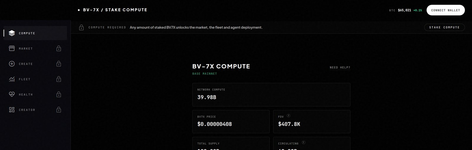 The BV-7X app showing locked Market, Create, Fleet, Health and Creator tabs, with a bar reading Compute required.